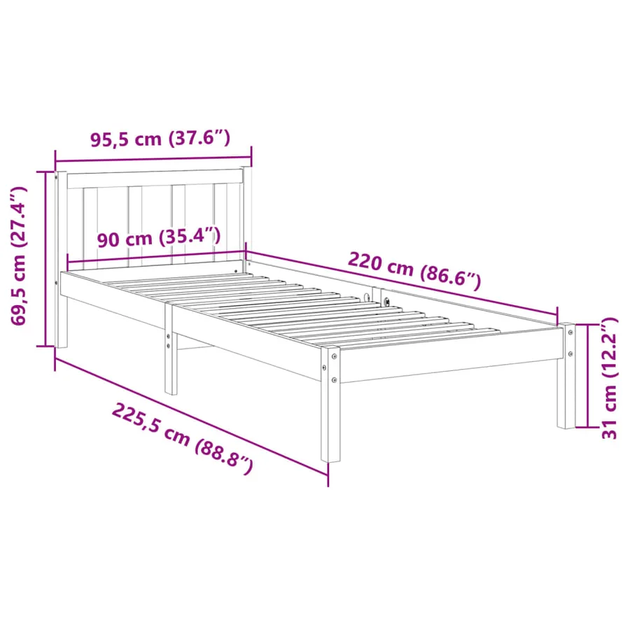 Cadre de lit extra long sans matelas 90x220 cm bois massif pin - 9