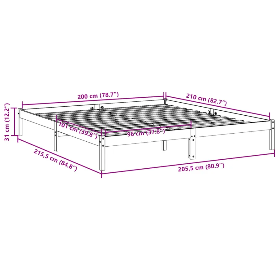 Cadre de lit extra long sans matelas 200x210 cm bois massif pin - 9