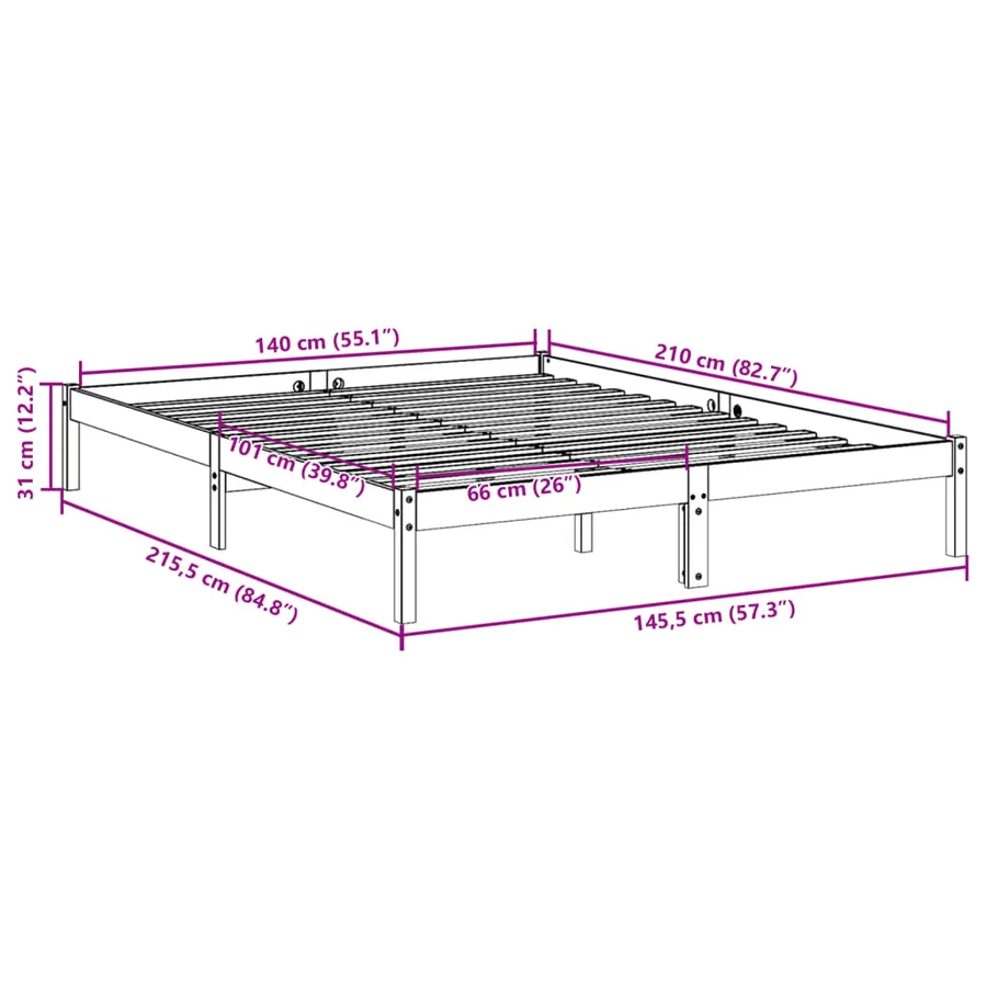 Cadre de lit extra long sans matelas 140x210 cm bois massif pin - 9