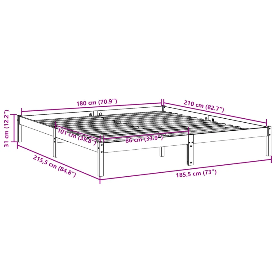 Cadre de lit extra long sans matelas 180x210 cm bois massif pin - 9