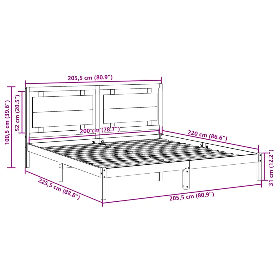 Cadre de lit extra long sans matelas 200x220 cm bois massif - 9