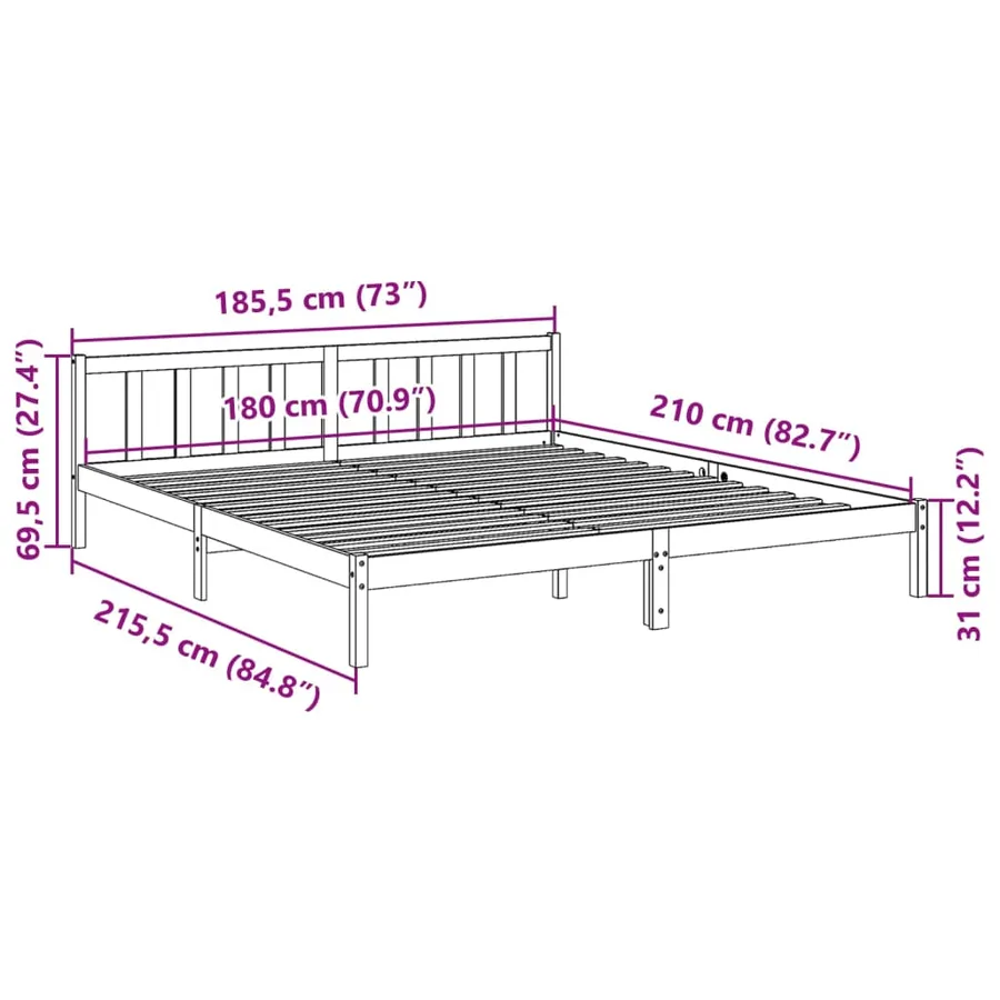 Cadre de lit extra long sans matelas 180x210 cm bois massif pin - 9