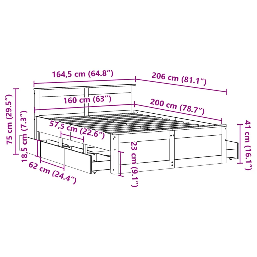 Cadre de lit sans matelas avec tête de lit 160x200cm pin massif - 13