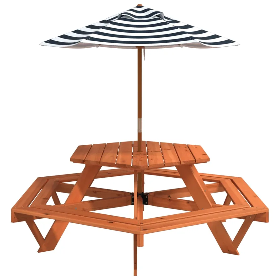 Table de pique-nique pour 6 enfants avec parasol hexagone sapin - 4