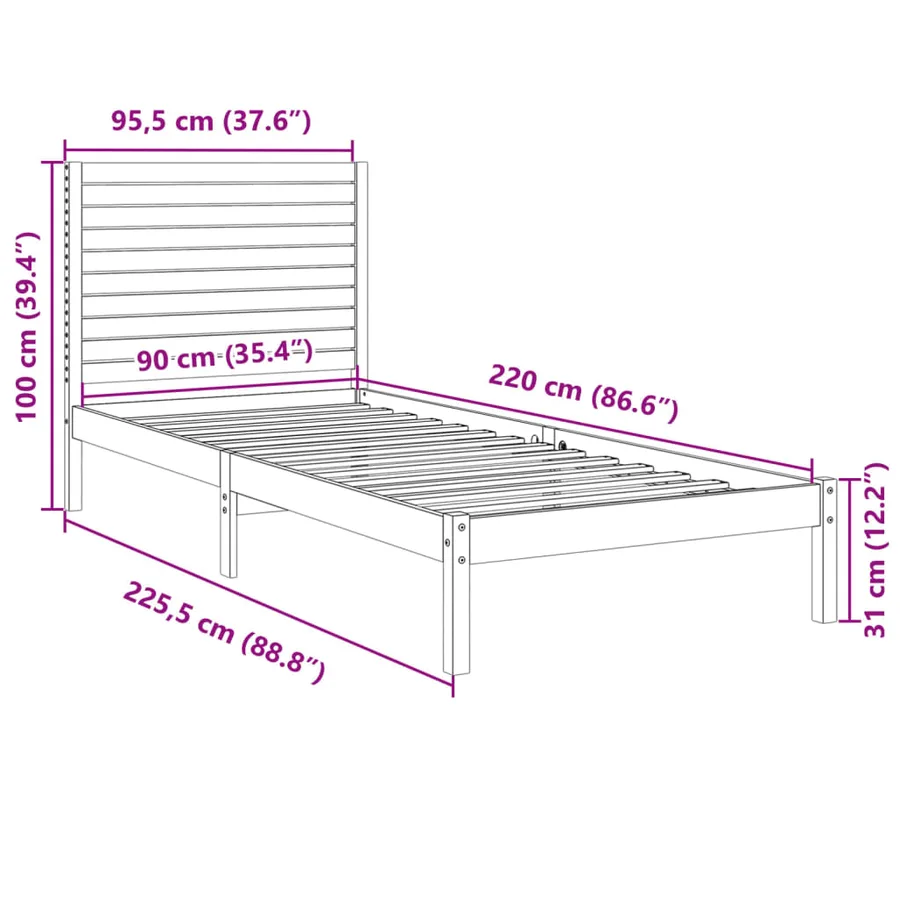 Cadre de lit extra long sans matelas 90x220 cm bois massif - 9