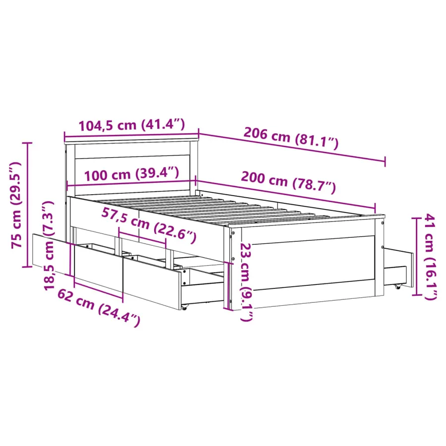 Cadre de lit sans matelas avec tête de lit 100x200 cm bois pin - 13