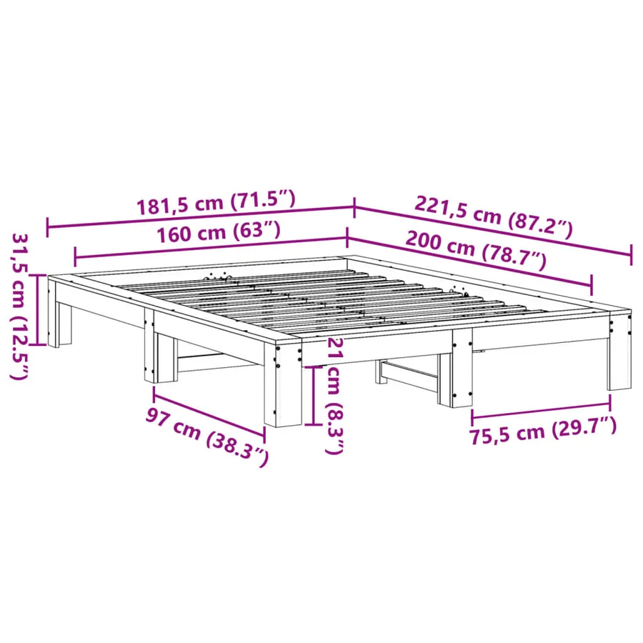 Cadre de lit sans matelas blanc 160x200 cm bois de pin massif - 8