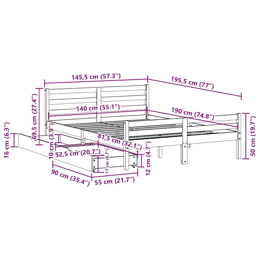 Cadre de lit sans matelas 140x190 cm bois de pin massif - 11