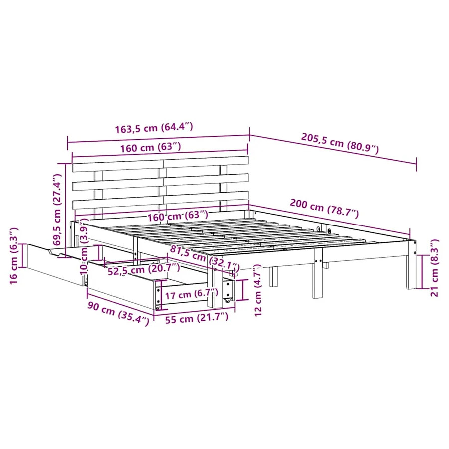 Cadre de lit avec tiroirs sans matelas 160x200 cm - 11