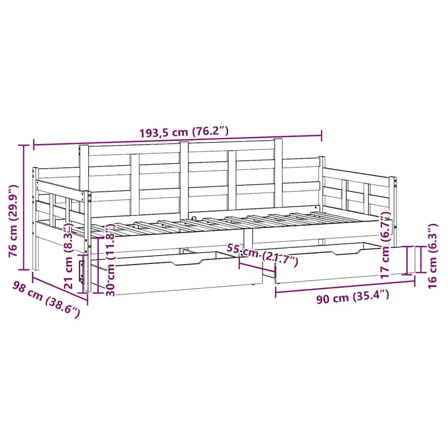 Lit de jour avec tiroirs sans matelas 90x190 cm bois massif - 12