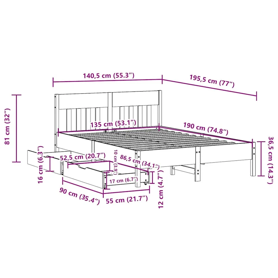 Cadre de lit sans matelas 135x190 cm bois de pin massif - 11