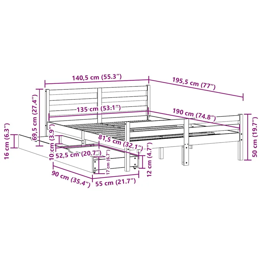 Cadre de lit sans matelas 135x190 cm bois de pin massif - 11