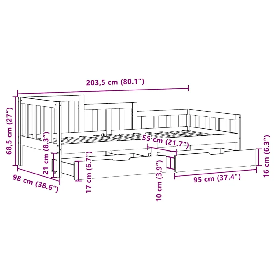 Lit de jour avec tiroirs sans matelas 90x190 cm bois massif - 12