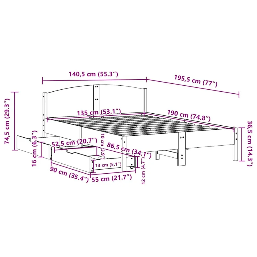 Cadre de lit sans matelas 135x190 cm bois de pin massif - 11