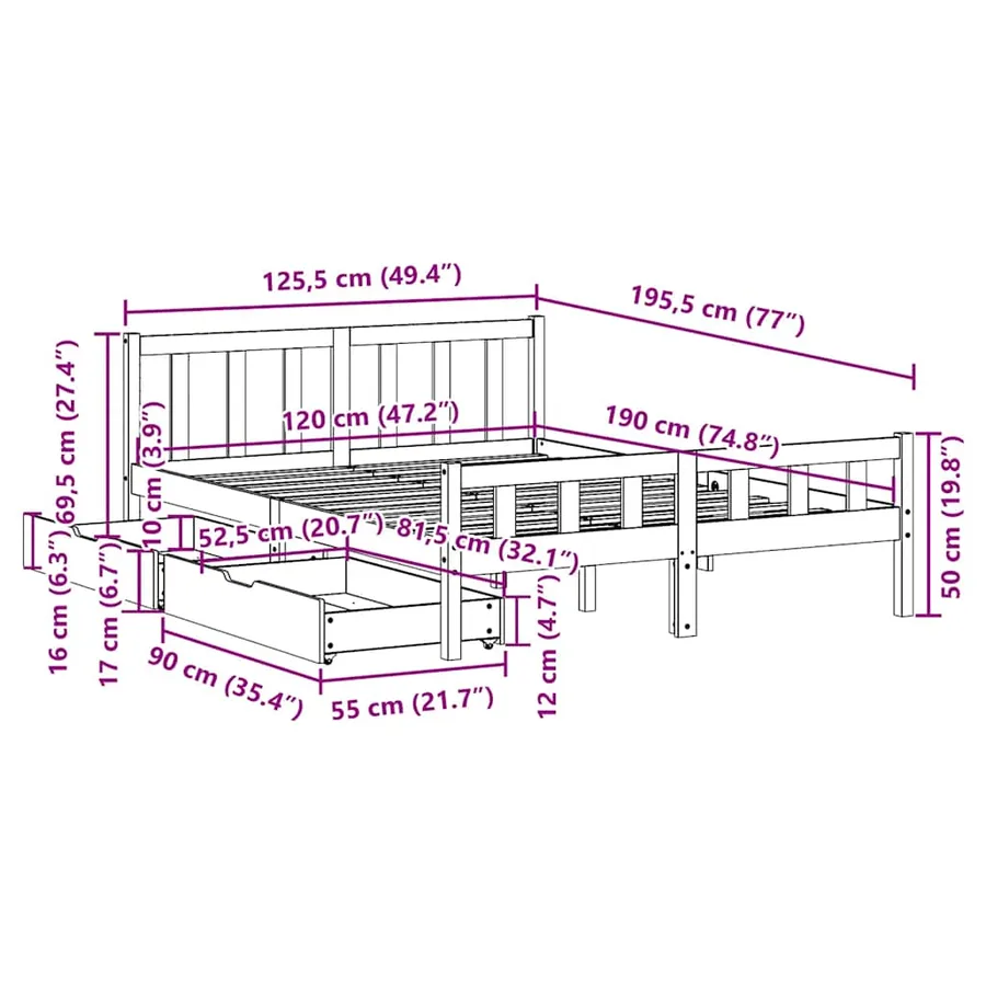 Cadre de lit sans matelas 120x190 cm bois de pin massif - 11