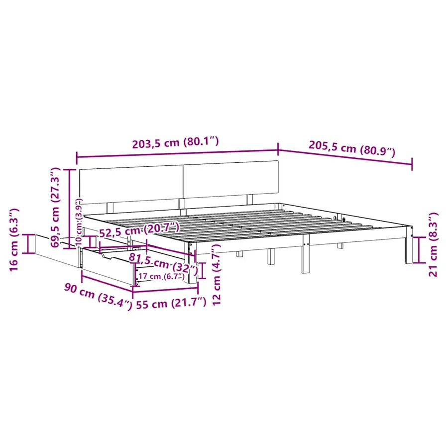 Cadre de lit avec tiroirs sans matelas 200x200 cm - 11