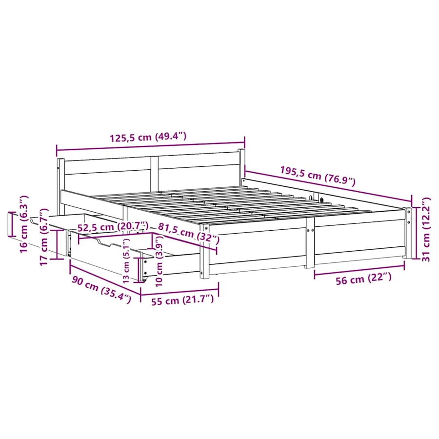 Cadre de lit sans matelas blanc 120x190 cm bois de pin massif - 12