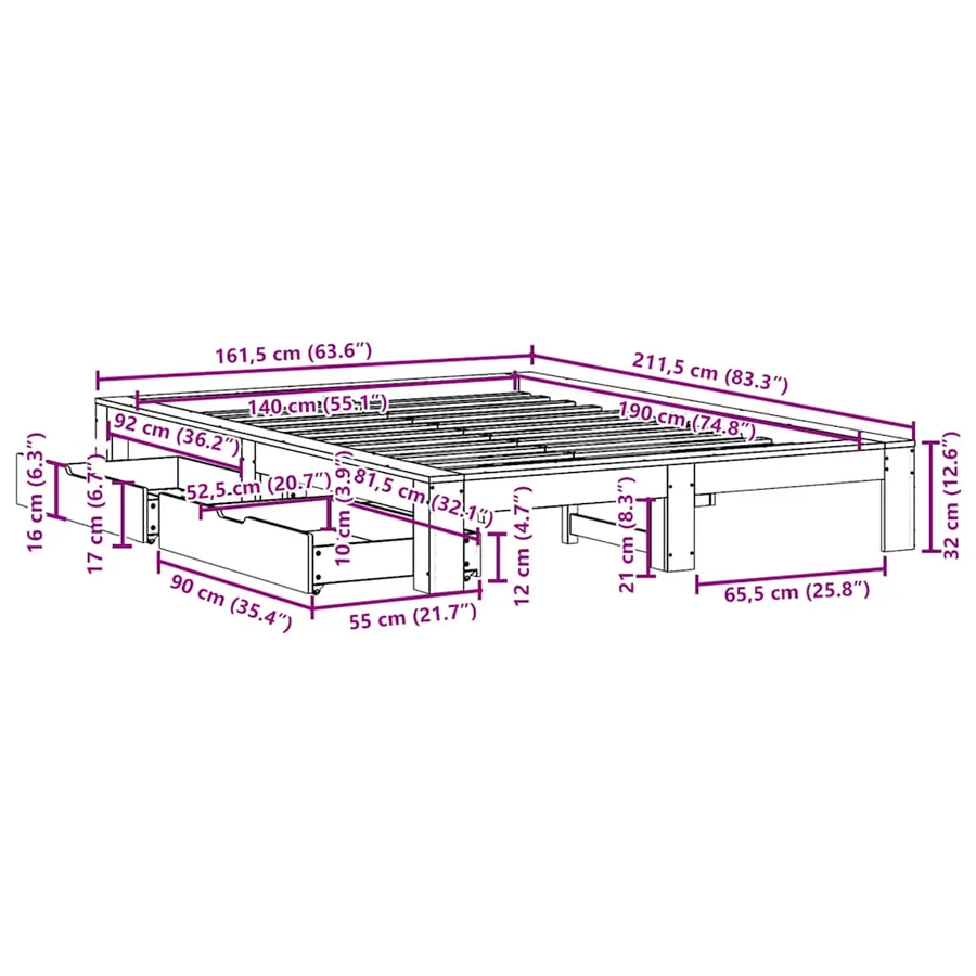 Cadre de lit sans matelas blanc 140x190 cm bois de pin massif - 12