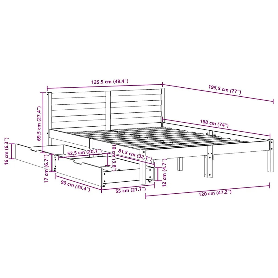 Cadre de lit sans matelas cire marron 120x190cm bois pin massif - 12