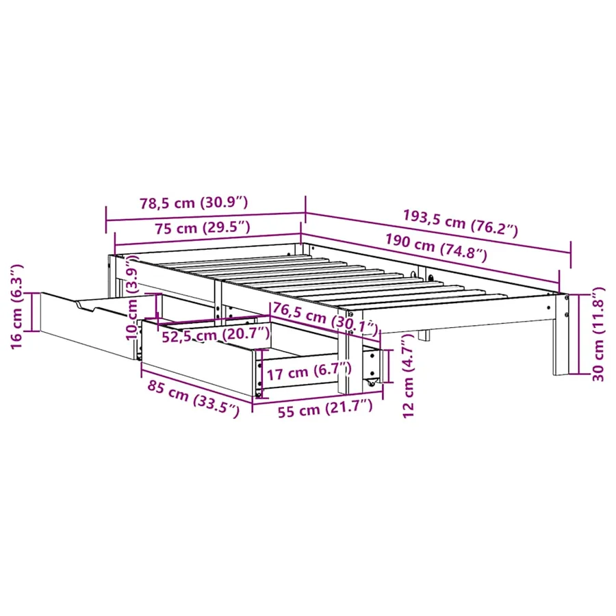 Cadre de lit avec tiroirs sans matelas blanc 75x190 cm - 11