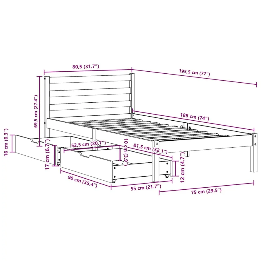 Cadre de lit sans matelas cire marron 75x190 cm bois pin massif - 12