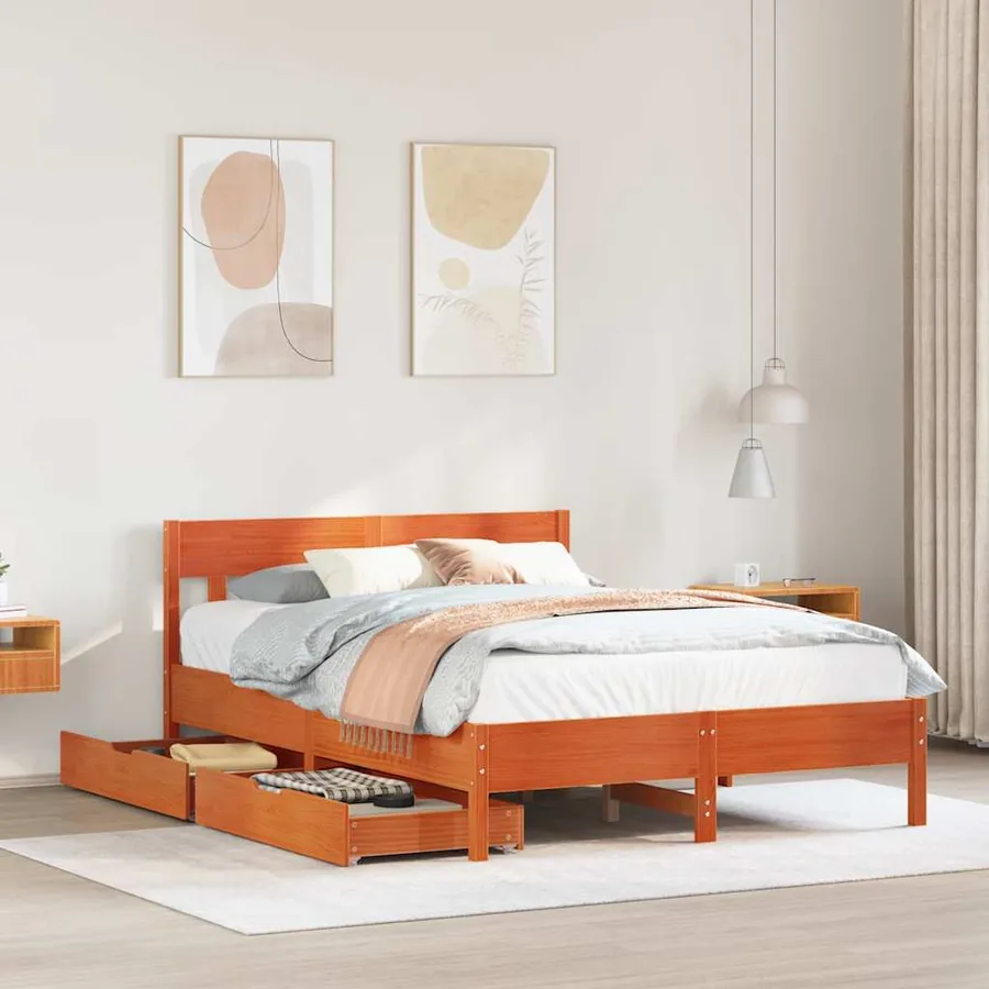 Cadre de lit sans matelas cire marron 135x190cm bois pin massif
