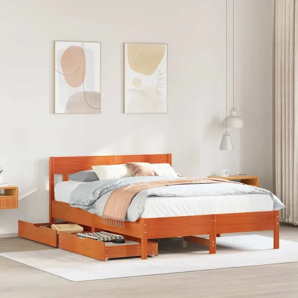 Cadre de lit sans matelas cire marron 135x190cm bois pin massif