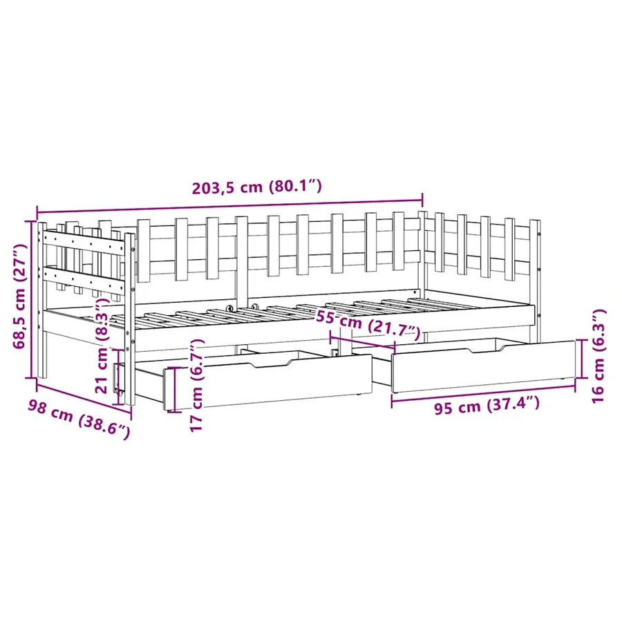 Lit de jour avec tiroirs sans matelas 80x200 cm bois massif - 12