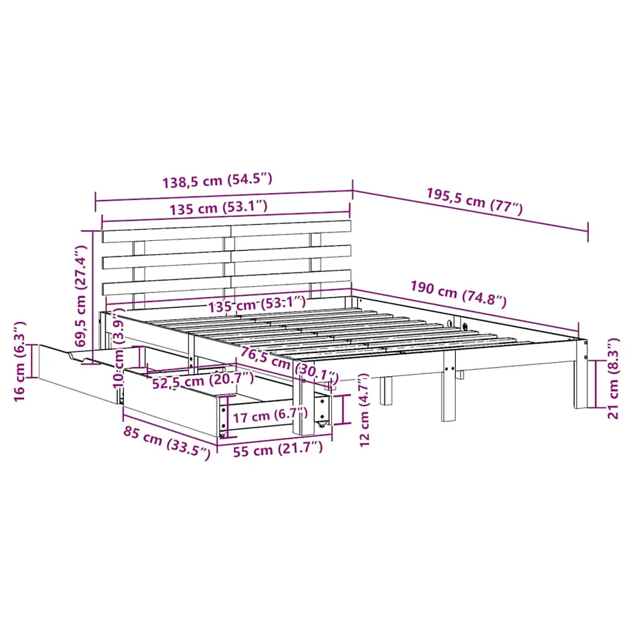Cadre de lit avec tiroirs sans matelas 135x190 cm - 11