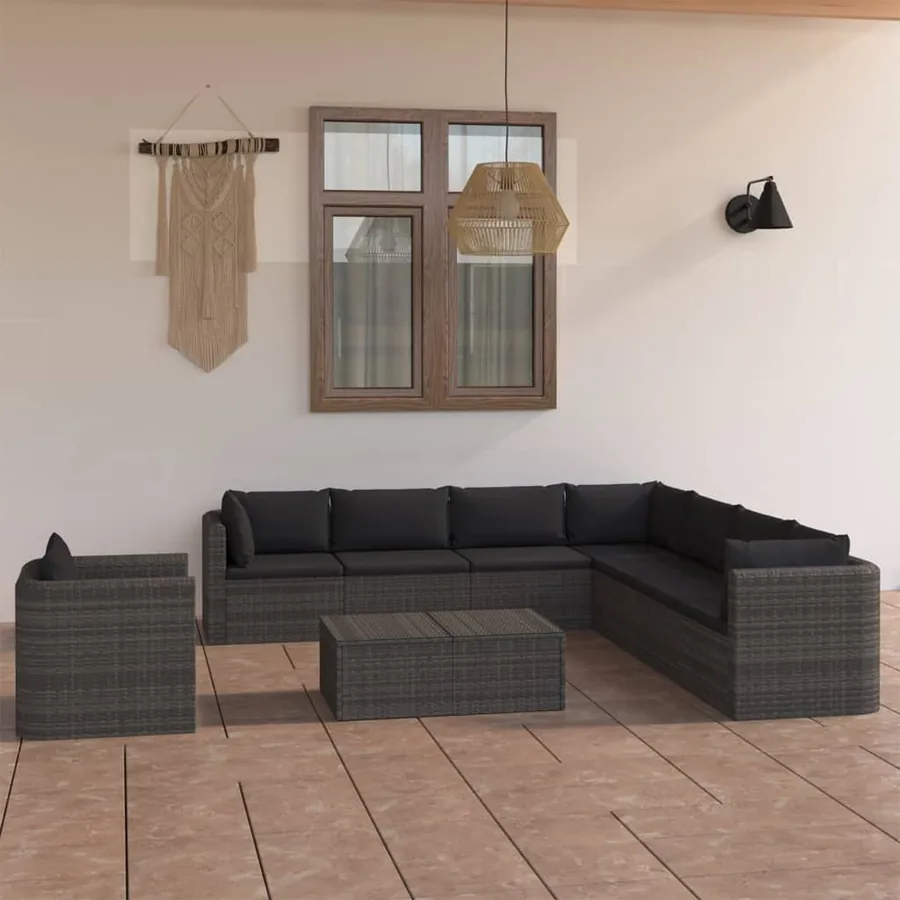 Salon de jardin 9 pcs avec coussins Résine tressée Gris