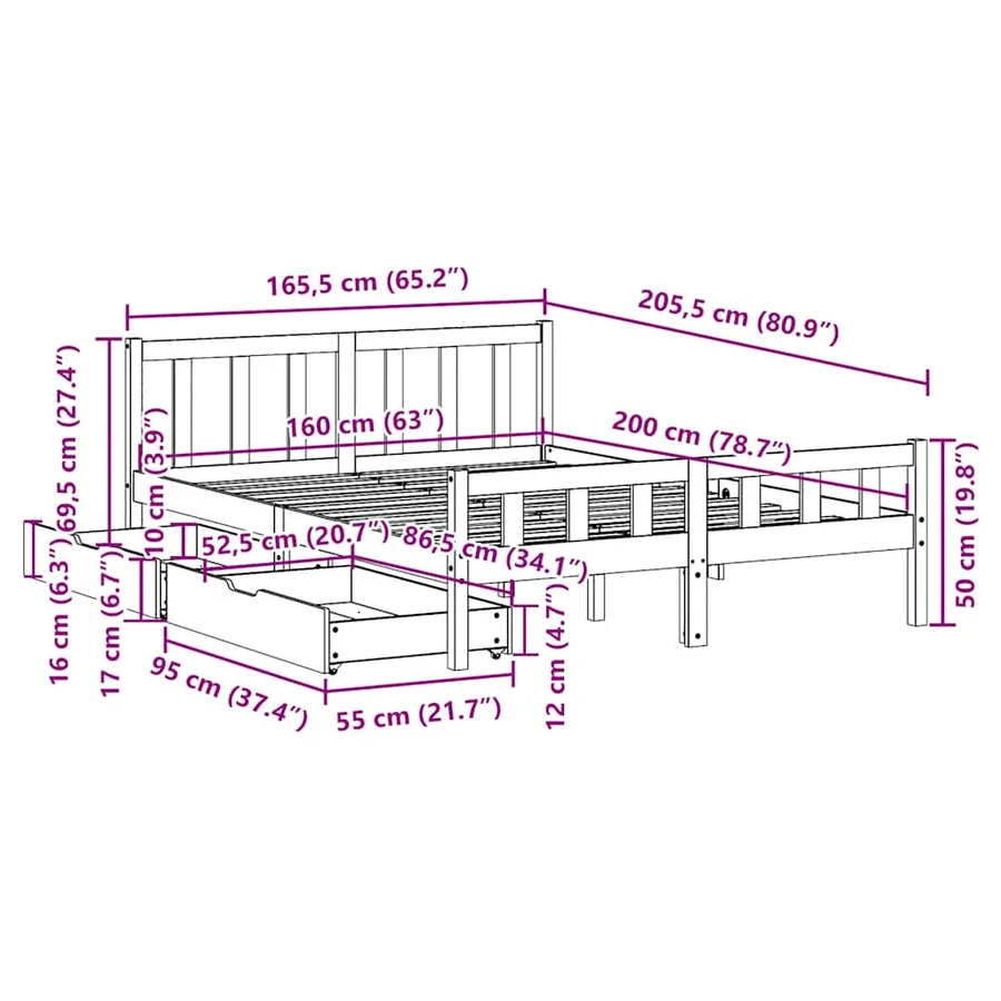 Cadre de lit sans matelas blanc 160x200 cm bois de pin massif - 11