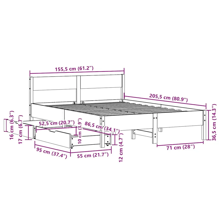 Cadre de lit sans matelas blanc 150x200 cm bois de pin massif - 12
