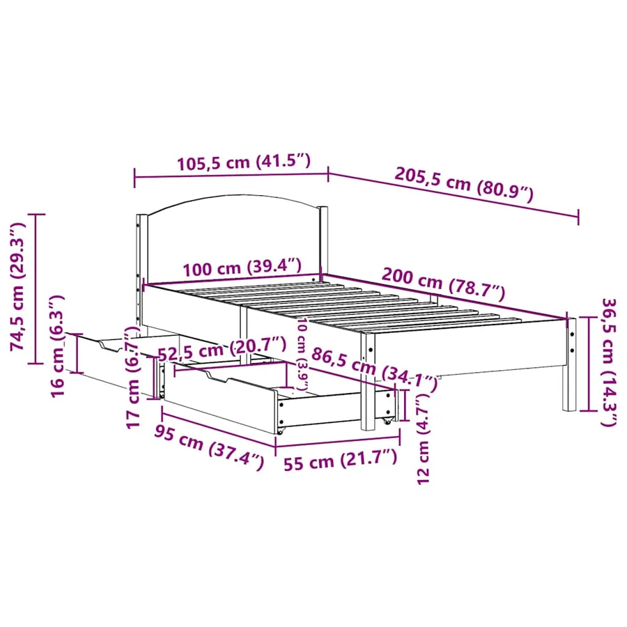 Cadre de lit sans matelas blanc 100x200 cm bois de pin massif - 11
