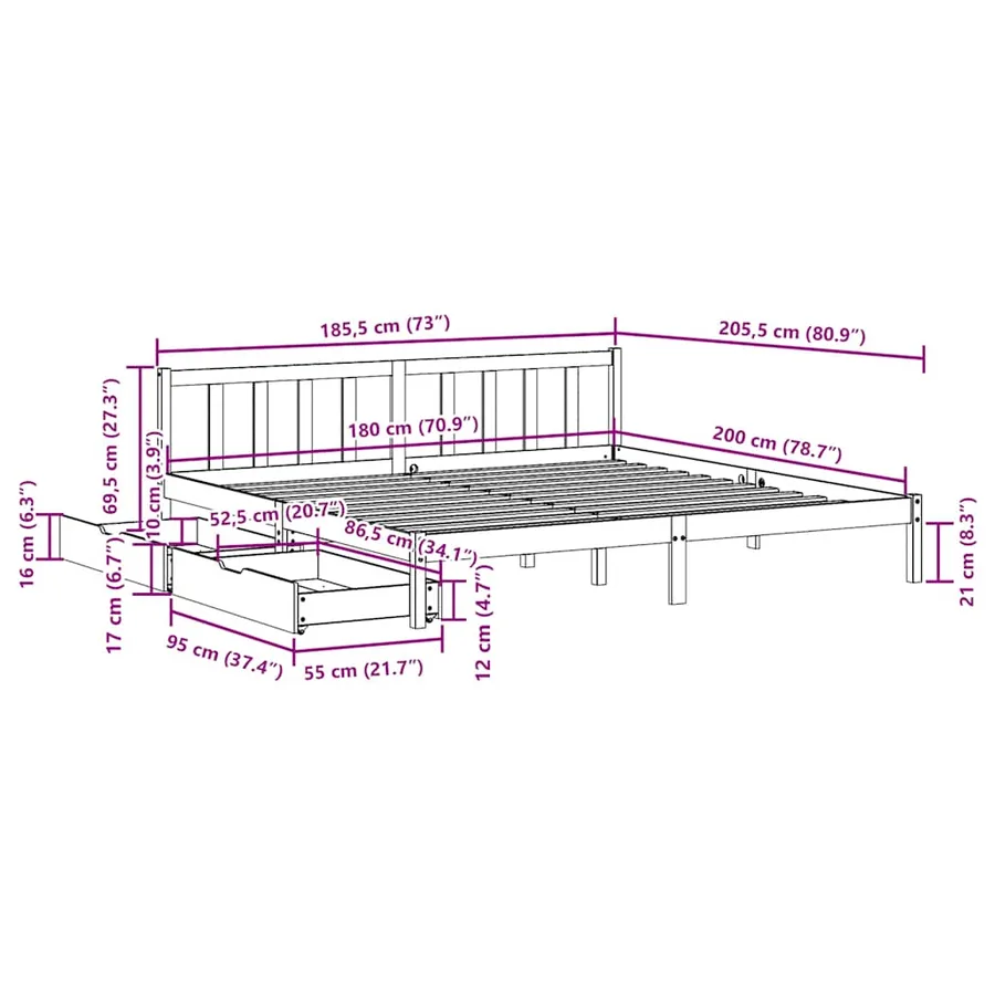 Cadre de lit sans matelas 180x200 cm bois massif de pin - 11