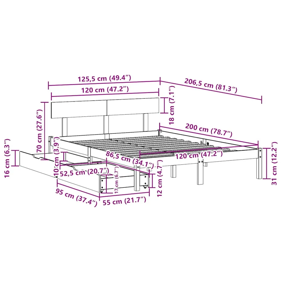 Cadre de lit sans matelas 120x200 cm bois de pin massif - 11
