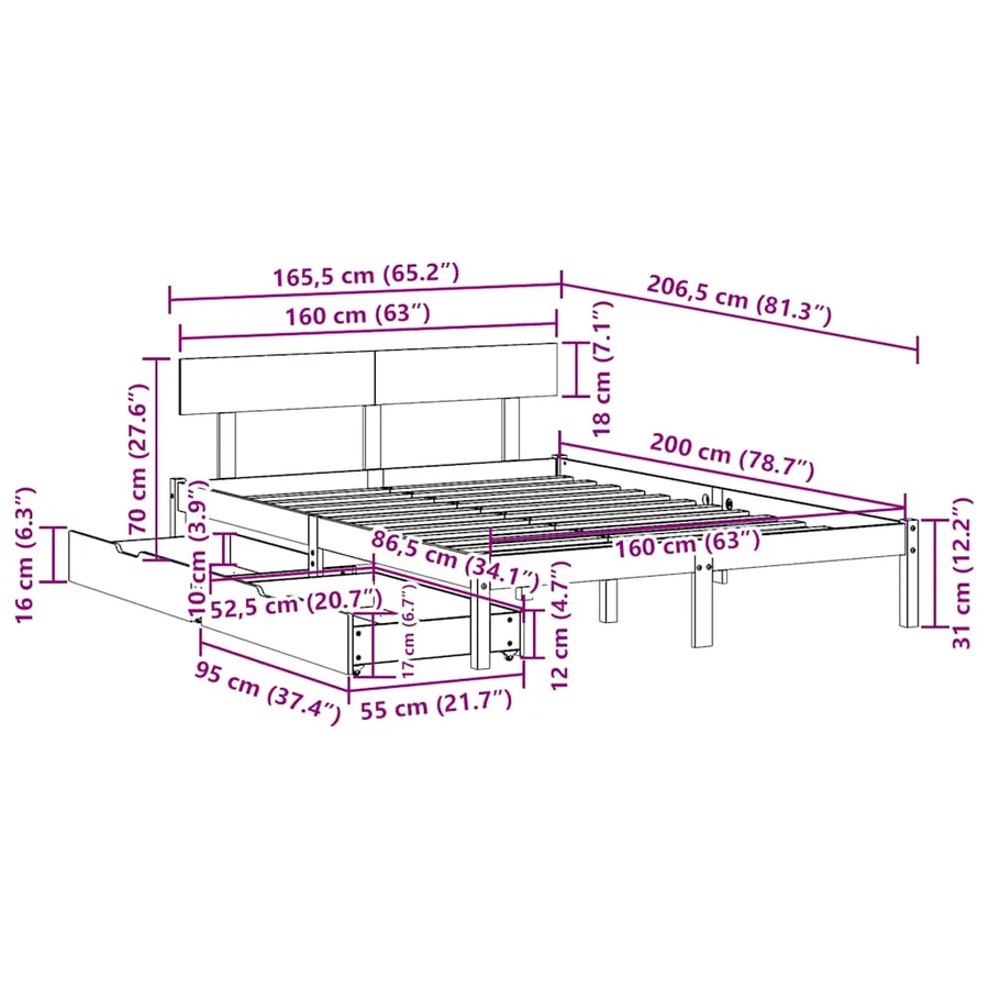 Cadre de lit sans matelas blanc 160x200 cm bois de pin massif - 11
