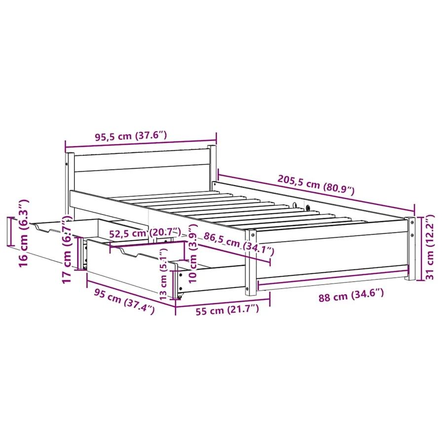 Cadre de lit sans matelas 90x200 cm bois de pin massif - 12