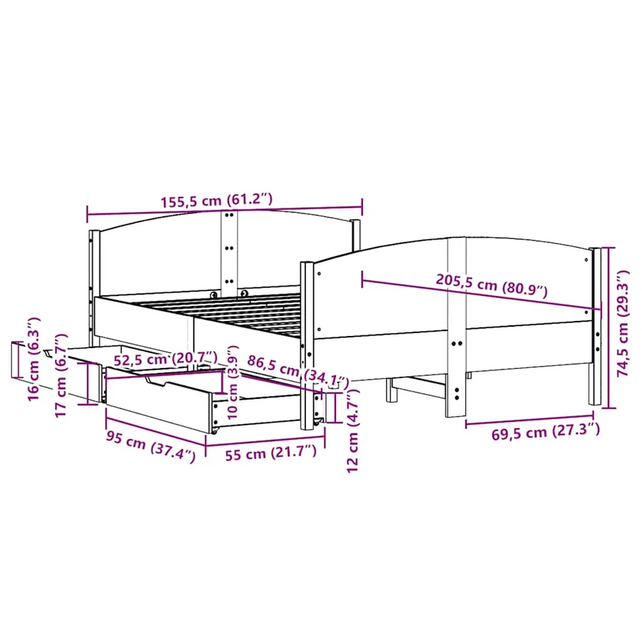 Cadre de lit sans matelas 150x200 cm bois de pin massif - 12