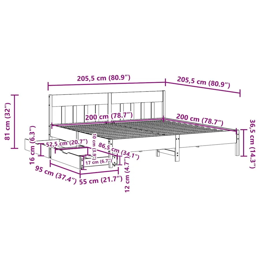 Cadre de lit sans matelas blanc 200x200 cm bois massif de pin - 11