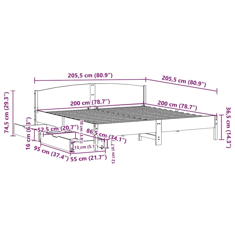 Cadre de lit sans matelas 200x200 cm bois massif de pin - 11