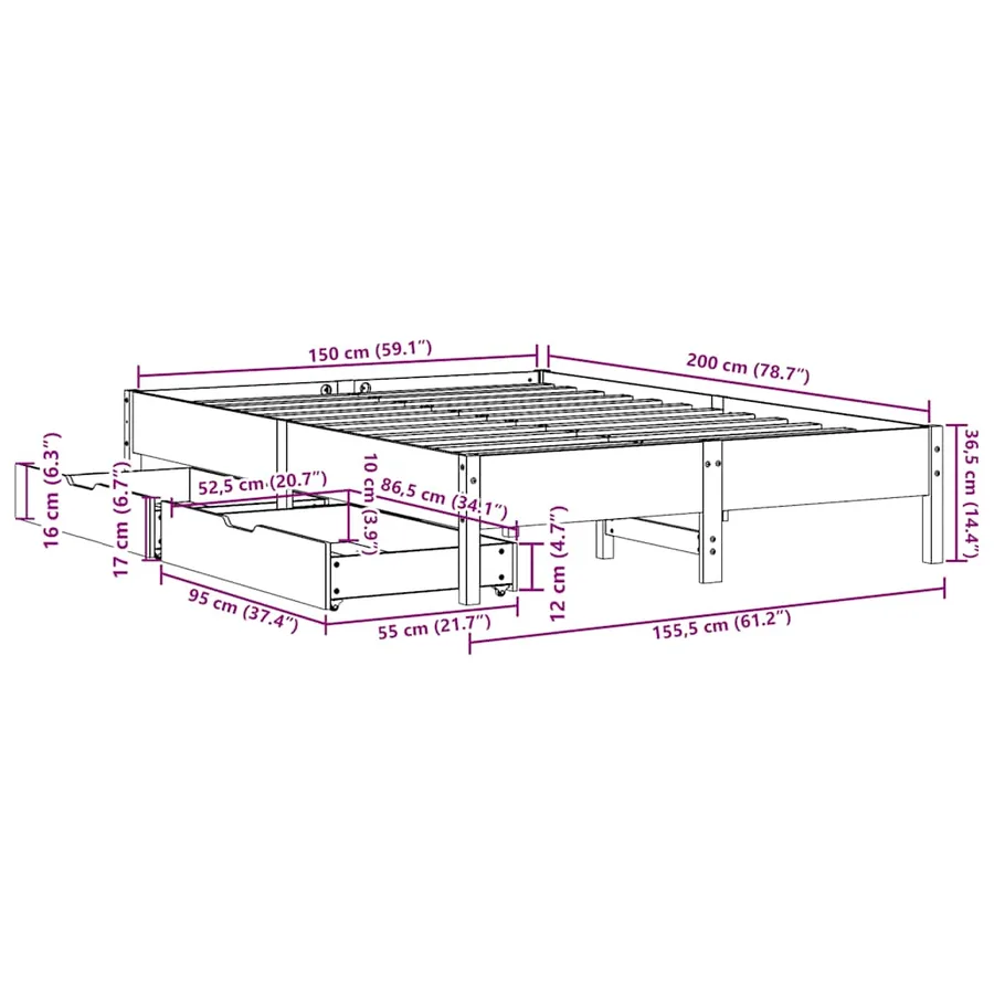 Cadre de lit sans matelas 150x200 cm bois de pin massif - 11