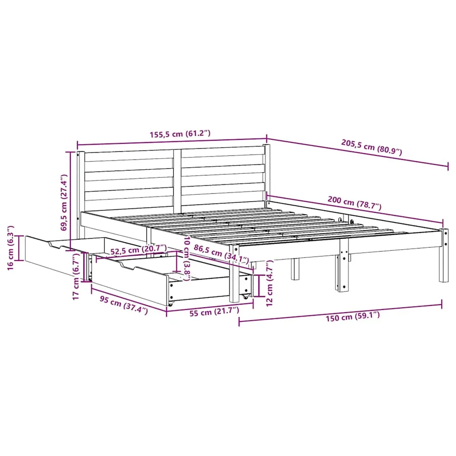 Cadre de lit sans matelas cire marron 150x200cm bois pin massif - 12