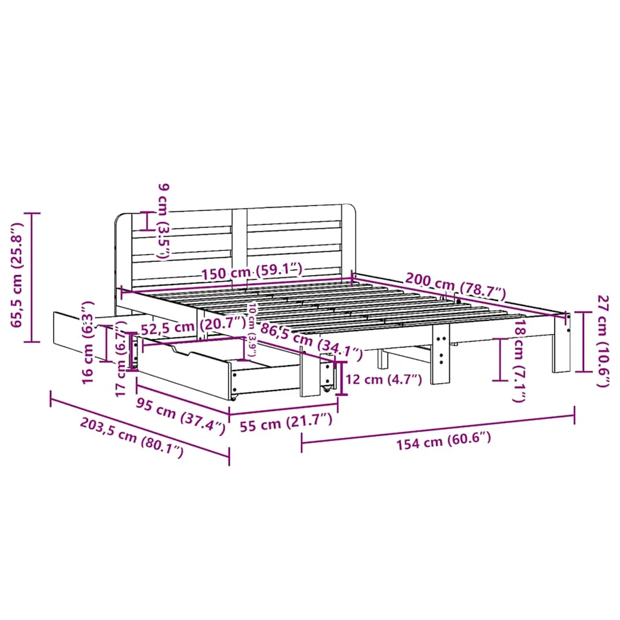 Cadre de lit sans matelas cire marron 150x200cm bois pin massif - 11