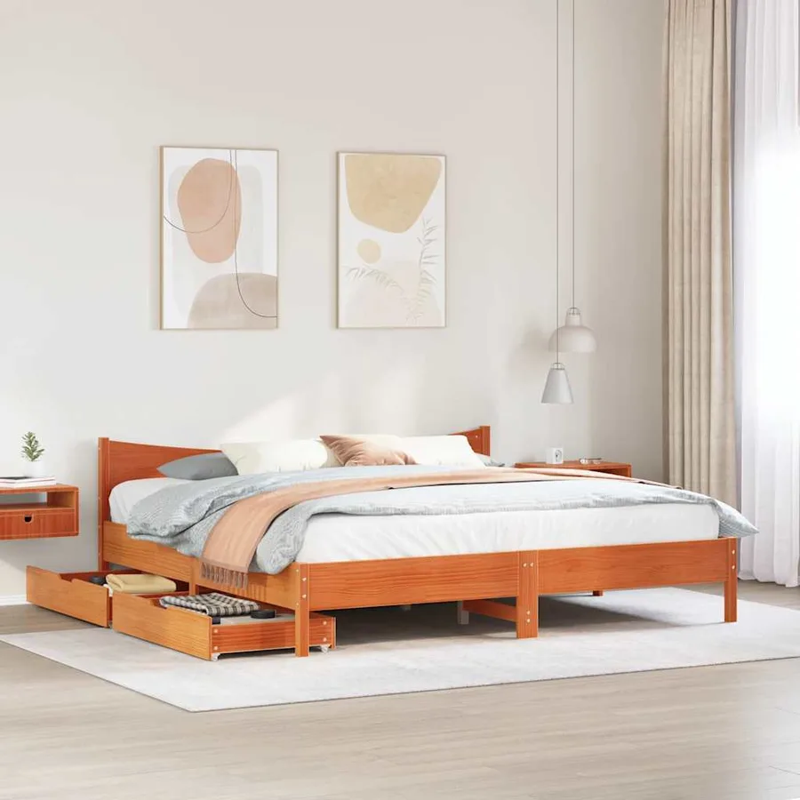 Cadre de lit avec tiroirs cire marron 200x200cm bois pin massif - 3