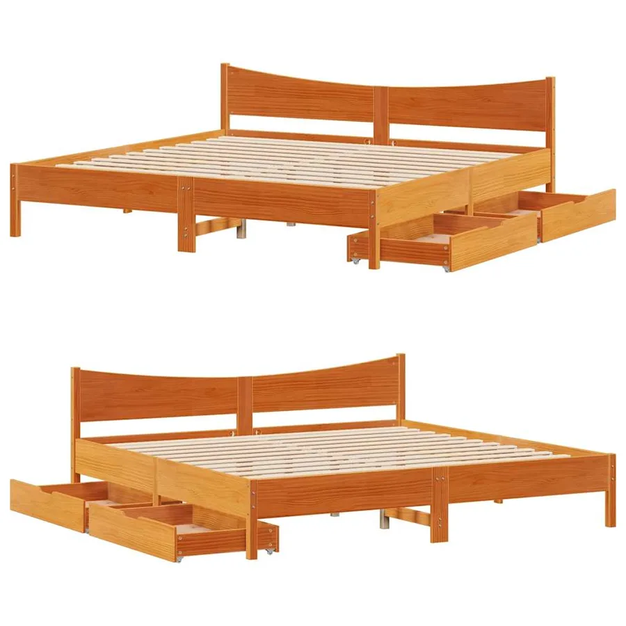 Cadre de lit avec tiroirs cire marron 200x200cm bois pin massif - 9