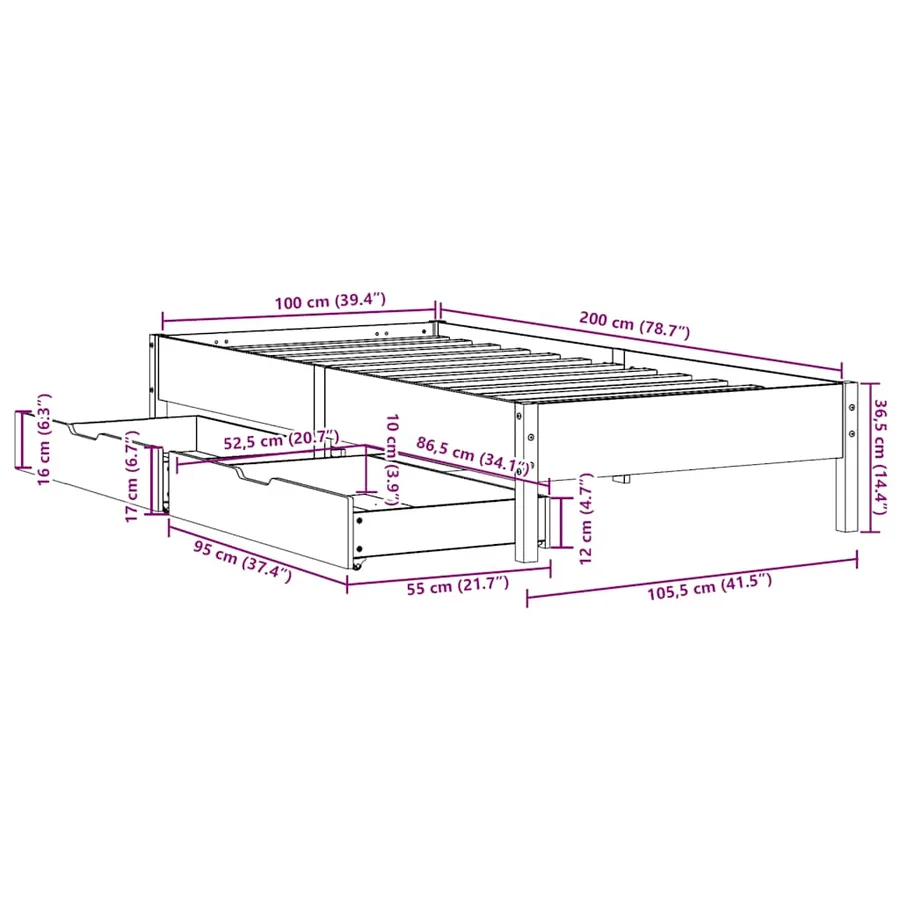 Cadre de lit sans matelas cire marron 100x200cm bois pin massif - 11