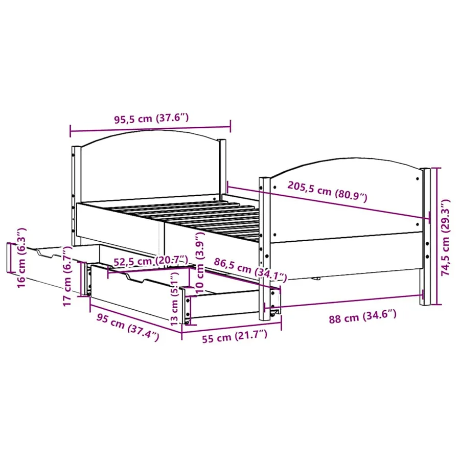 Cadre de lit sans matelas cire marron 90x200 cm bois pin massif - 12