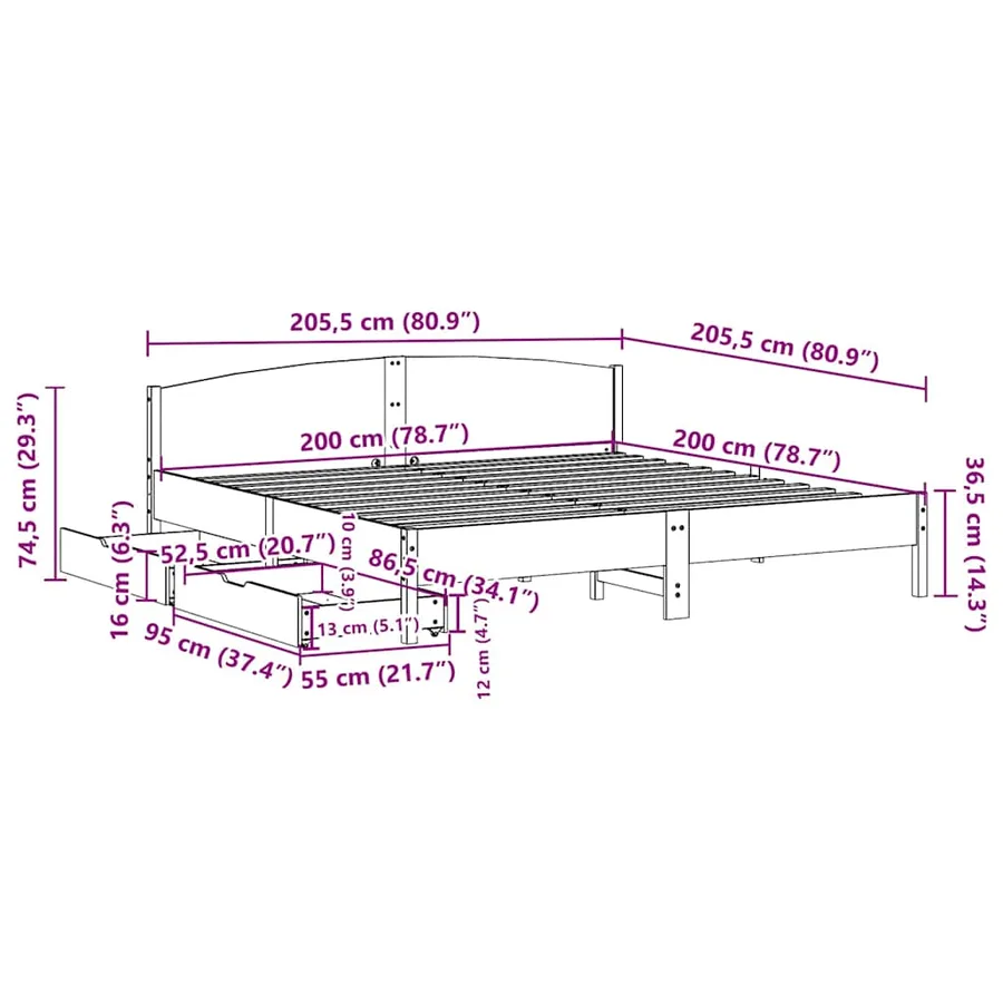 Cadre de lit sans matelas cire marron 200x200cm bois pin massif - 11