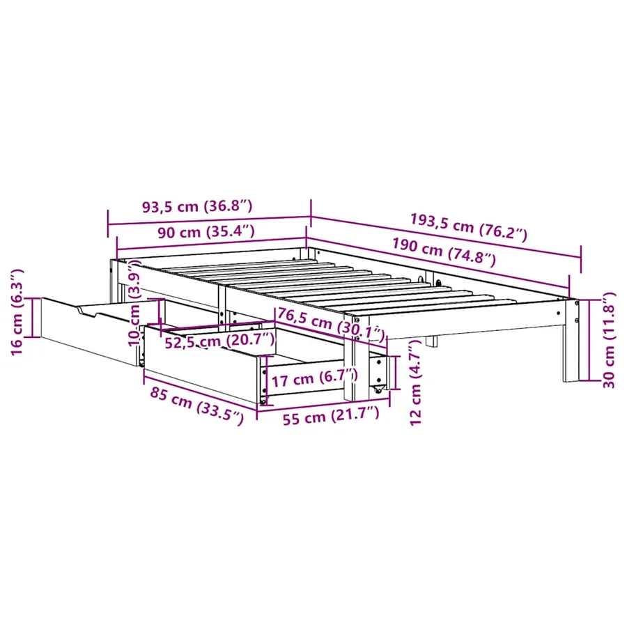 Cadre de lit avec tiroirs sans matelas cire marron 90x190 cm - 11