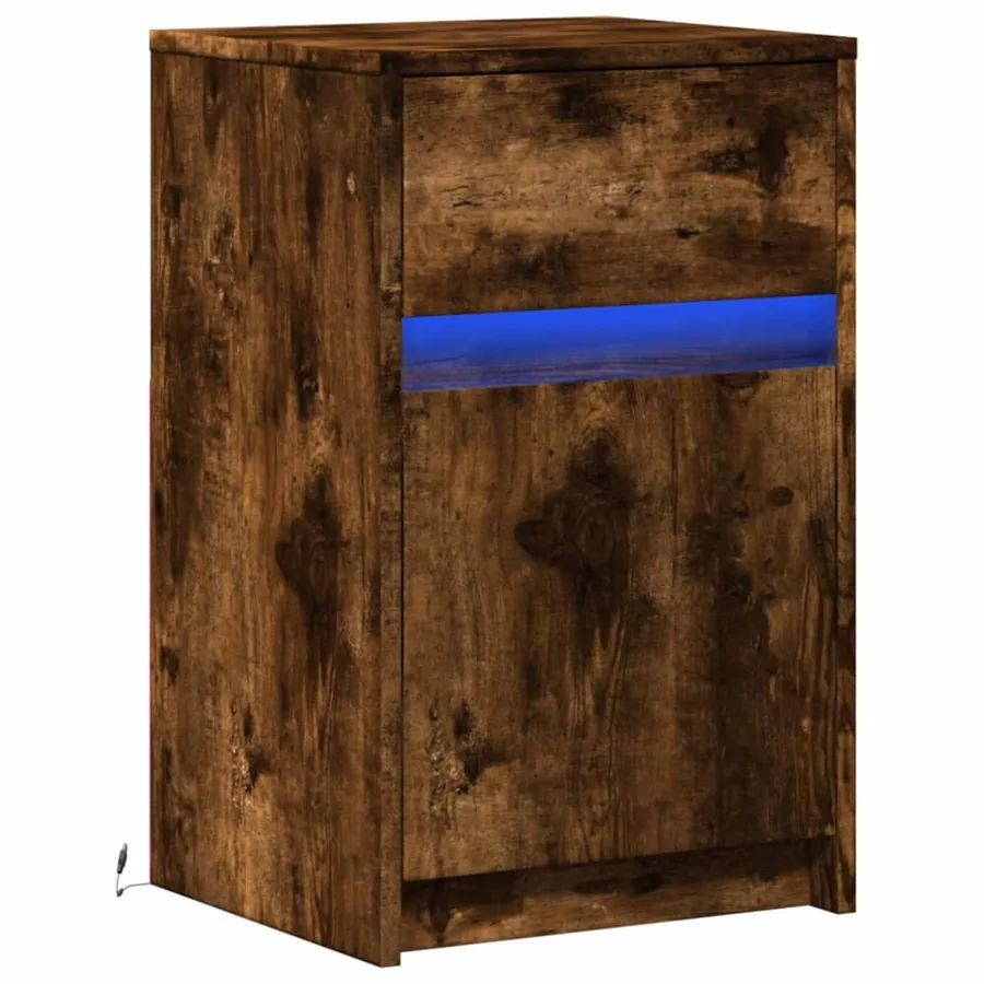 Armoire de chevet et lumières LED chêne fumé bois d'ingénierie - 3